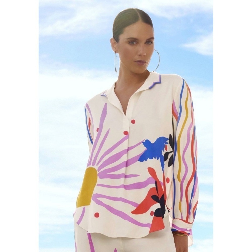 Johnny Was Cream Blouse with Purple, Blue, Yellow and Red Graphic Print